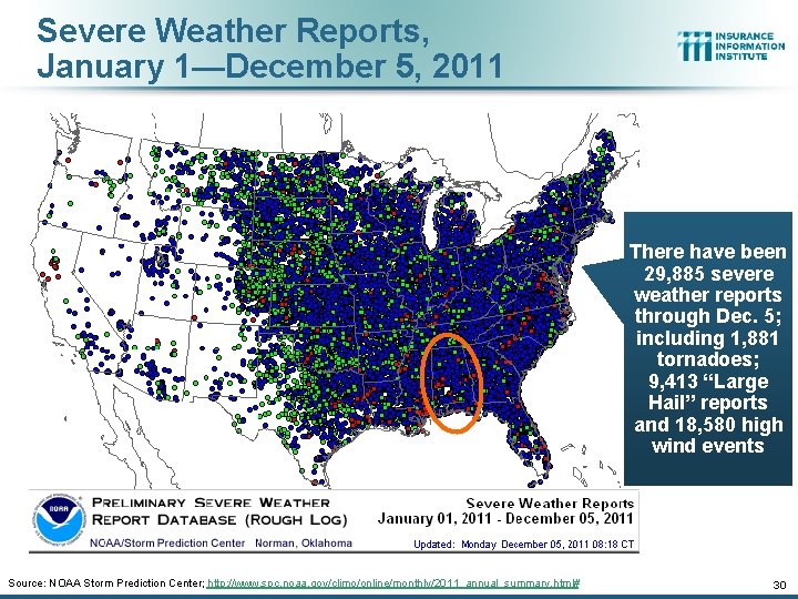 Severe Weather Reports, January 1—December 5, 2011 There have been 29, 885 severe weather