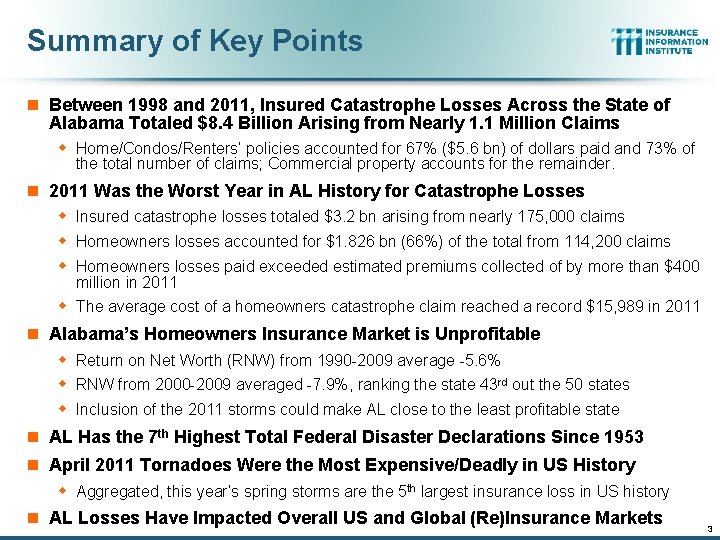 Summary of Key Points n Between 1998 and 2011, Insured Catastrophe Losses Across the