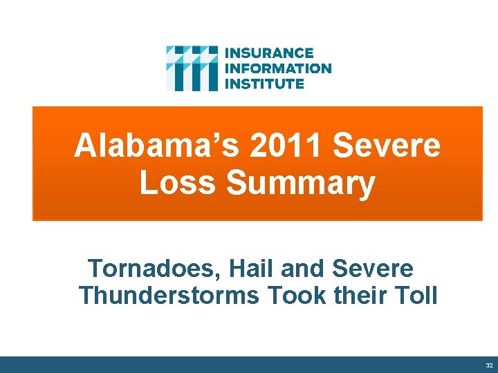 Alabama’s 2011 Severe Loss Summary Tornadoes, Hail and Severe Thunderstorms Took their Toll 32