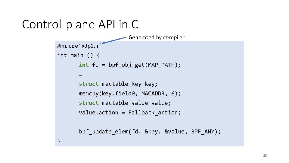 Control-plane API in C Generated by compiler #include ”xdp 1. h” int main ()
