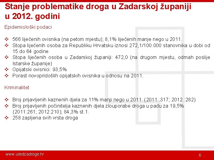 Stanje problematike droga u Zadarskoj županiji u 2012. godini Epidemiološki podaci v 566 liječenih