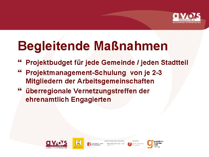 Begleitende Maßnahmen } Projektbudget für jede Gemeinde / jeden Stadtteil } Projektmanagement-Schulung von je