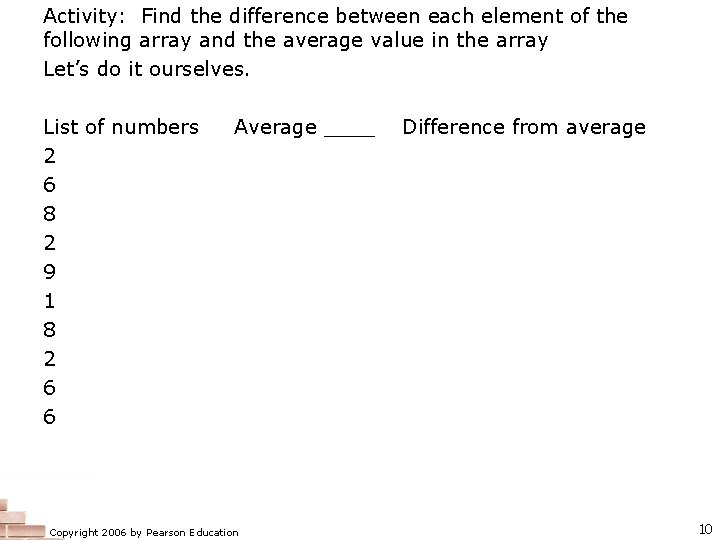 Activity: Find the difference between each element of the following array and the average