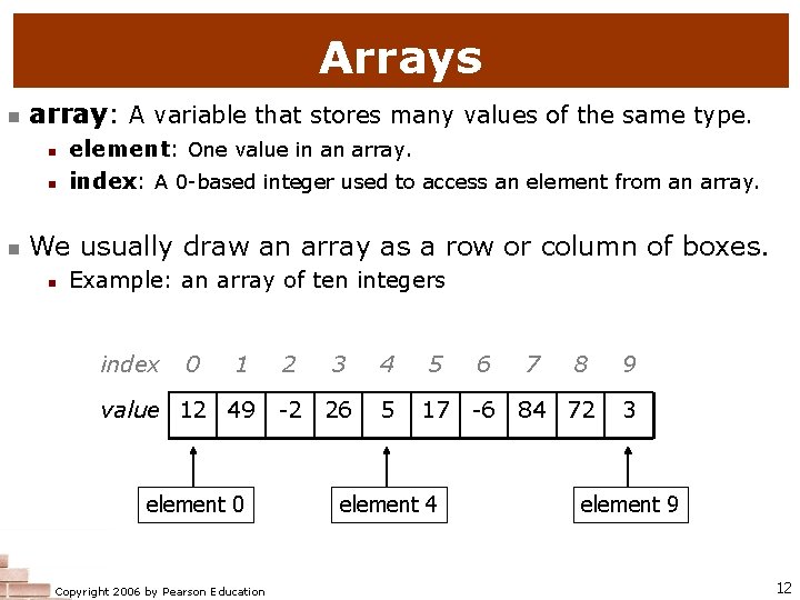 Arrays n array: A variable that stores many values of the same type. n