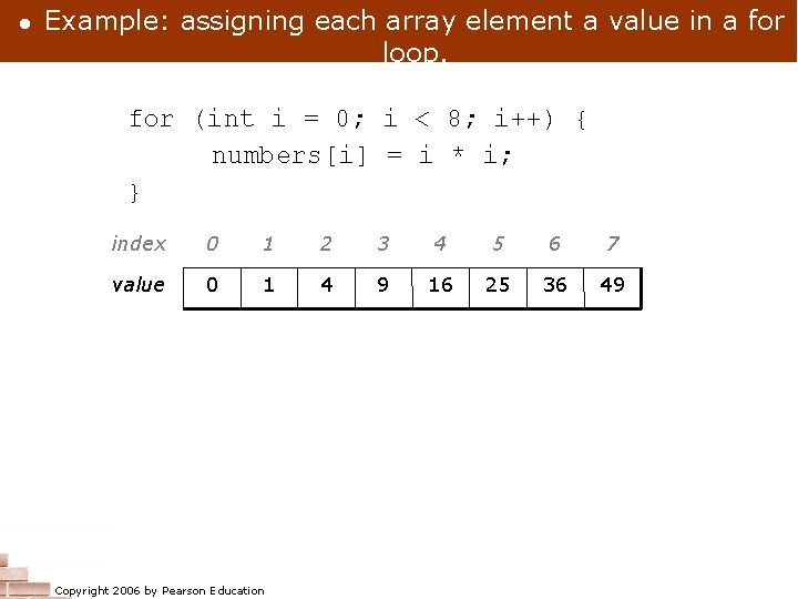  Example: assigning each array element a value in a for loop. for (int