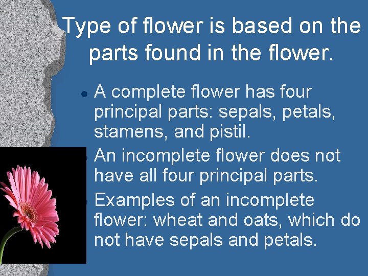 Type of flower is based on the parts found in the flower. l l