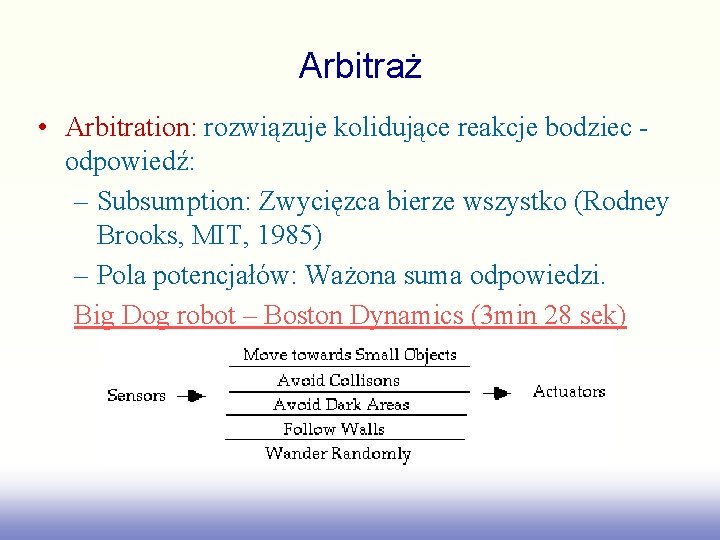 Arbitraż • Arbitration: rozwiązuje kolidujące reakcje bodziec odpowiedź: – Subsumption: Zwycięzca bierze wszystko (Rodney