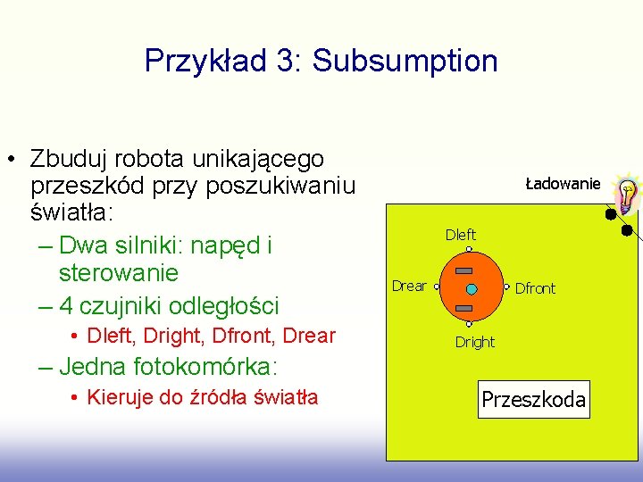 Przykład 3: Subsumption • Zbuduj robota unikającego przeszkód przy poszukiwaniu światła: – Dwa silniki: