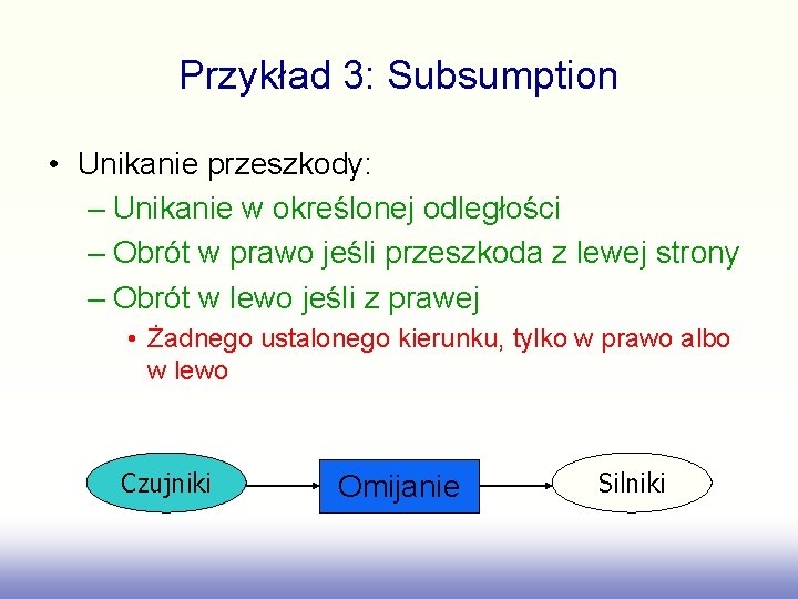 Przykład 3: Subsumption • Unikanie przeszkody: – Unikanie w określonej odległości – Obrót w