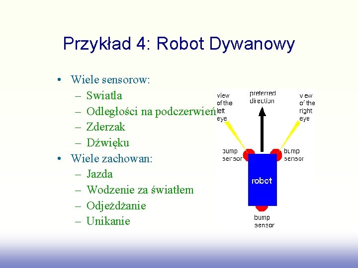 Przykład 4: Robot Dywanowy • Wiele sensorow: – Swiatla – Odległości na podczerwień –