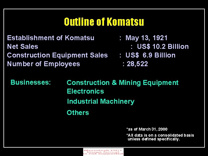 Outline of Komatsu Establishment of Komatsu Net Sales Construction Equipment Sales Number of Employees