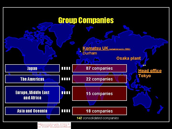 Group Companies Komatsu UK (established in 1985) Durham Osaka plant Japan 87 companies The