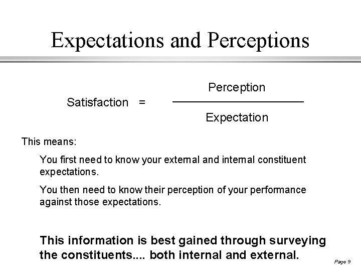 Expectations and Perceptions Perception Satisfaction = Expectation This means: You first need to know