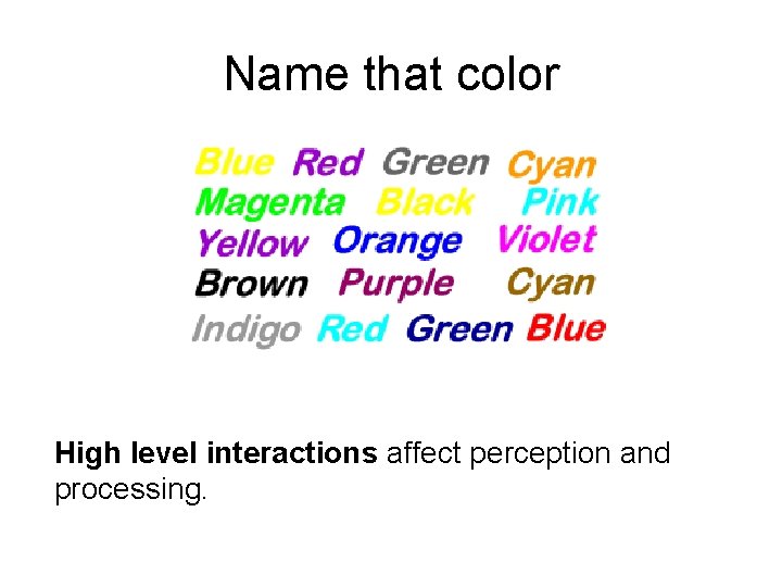 Name that color High level interactions affect perception and processing. 