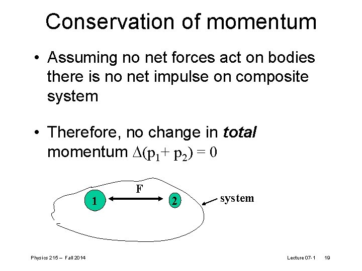 Conservation of momentum • Assuming no net forces act on bodies there is no
