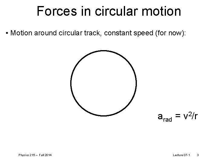 Forces in circular motion • Motion around circular track, constant speed (for now): arad