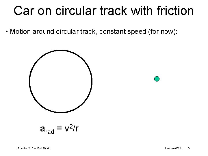 Car on circular track with friction • Motion around circular track, constant speed (for