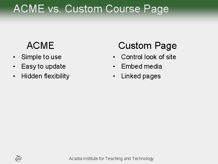 ACME vs. Custom Course Page ACME Custom Page • Simple to use • Easy