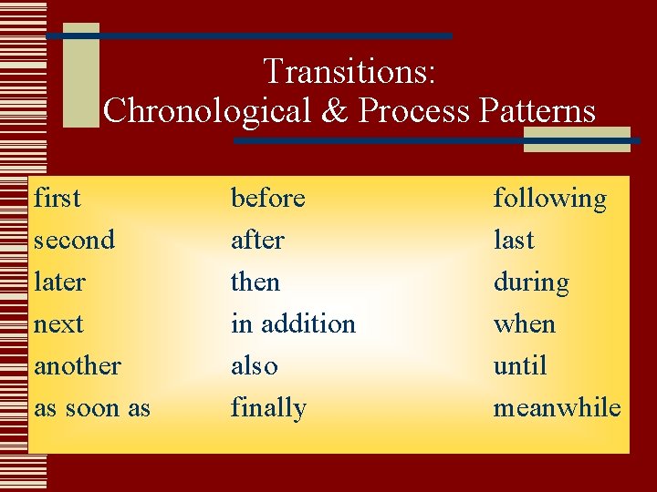Transitions: Chronological & Process Patterns first second later next another as soon as before Transitions: Chronological & Process Patterns first second later next another as soon as before