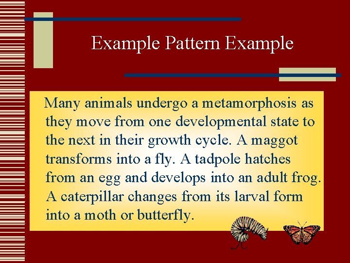 Example Pattern Example Many animals undergo a metamorphosis as they move from one developmental Example Pattern Example Many animals undergo a metamorphosis as they move from one developmental
