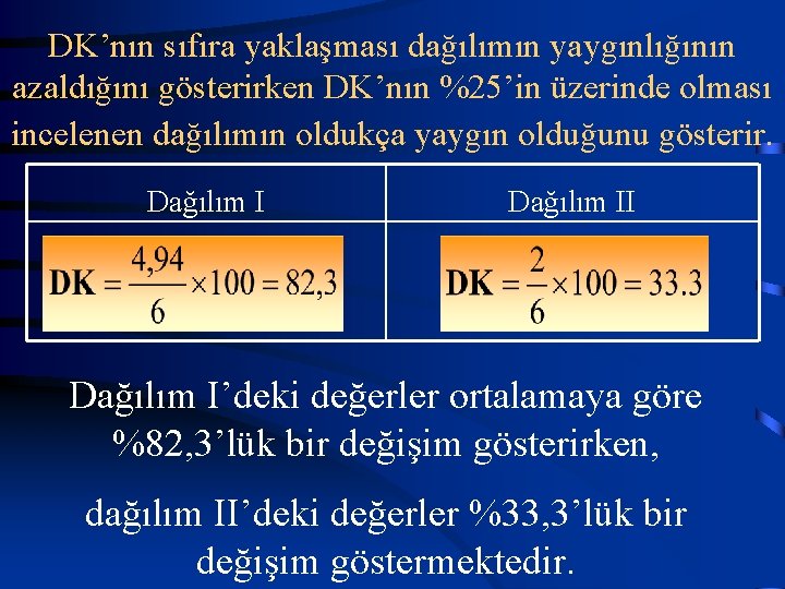 DK’nın sıfıra yaklaşması dağılımın yaygınlığının azaldığını gösterirken DK’nın %25’in üzerinde olması incelenen dağılımın oldukça