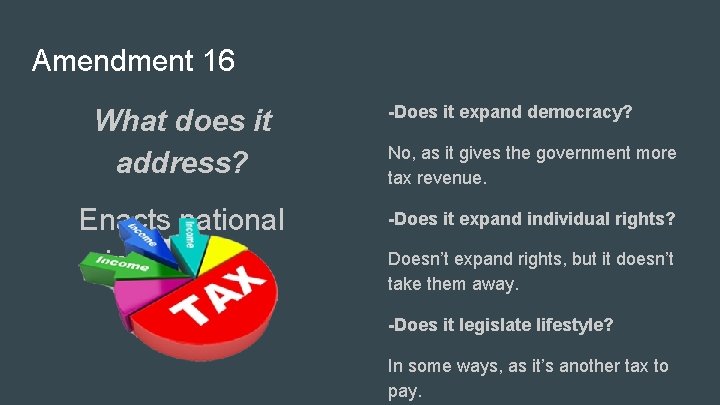 Amendment 16 What does it address? Enacts national income tax. -Does it expand democracy?