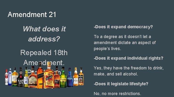 Amendment 21 What does it address? Repealed 18 th Amendment. (Prohibition) -Does it expand