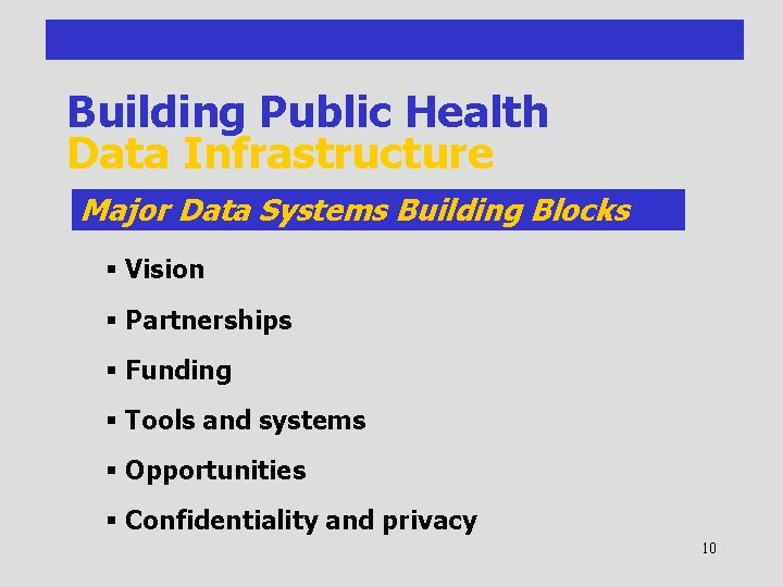 Building Public Health Data Infrastructure Major Data Systems Building Blocks § Vision § Partnerships