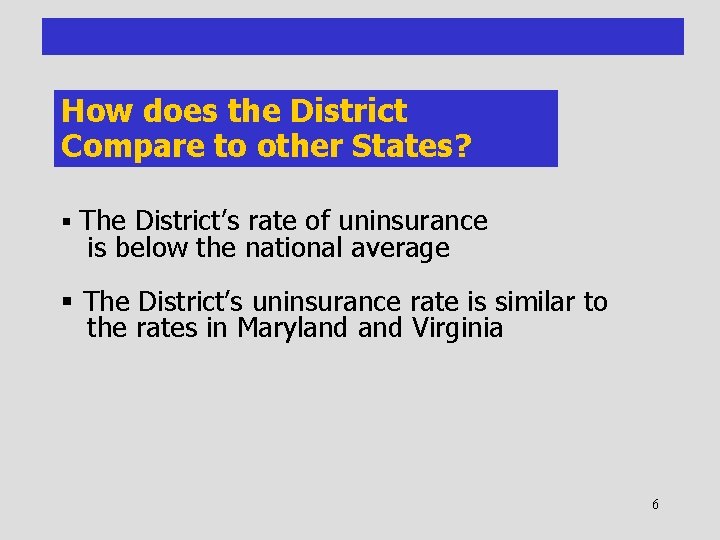 How does the District Compare to other States? § The District’s rate of uninsurance