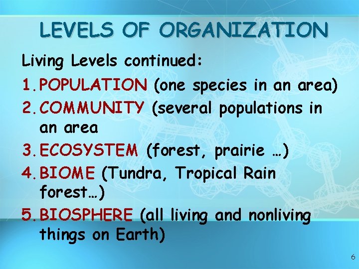 LEVELS OF ORGANIZATION Living Levels continued: 1. POPULATION (one species in an area) 2.