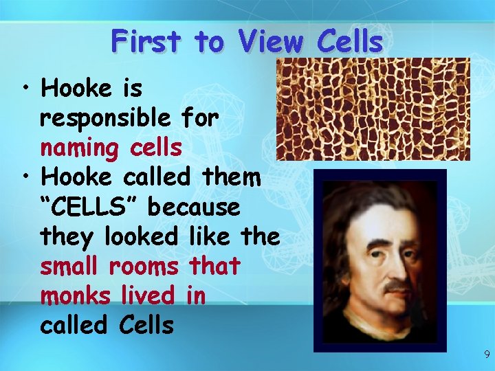 First to View Cells • Hooke is responsible for naming cells • Hooke called