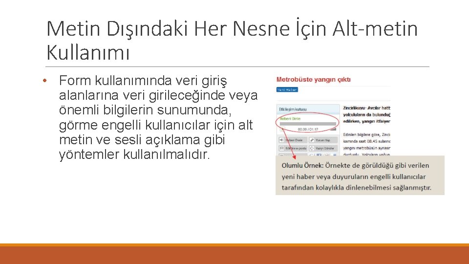 Metin Dışındaki Her Nesne İçin Alt-metin Kullanımı • Form kullanımında veri giriş alanlarına veri