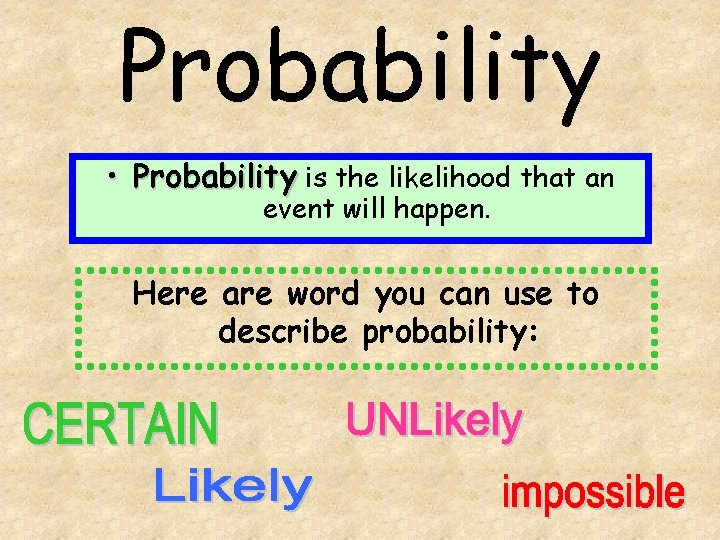 Probability • Probability is the likelihood that an event will happen. Here are word