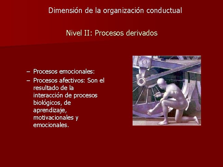 Dimensión de la organización conductual Nivel II: Procesos derivados – Procesos emocionales: – Procesos