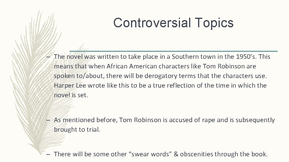 Controversial Topics – The novel was written to take place in a Southern town