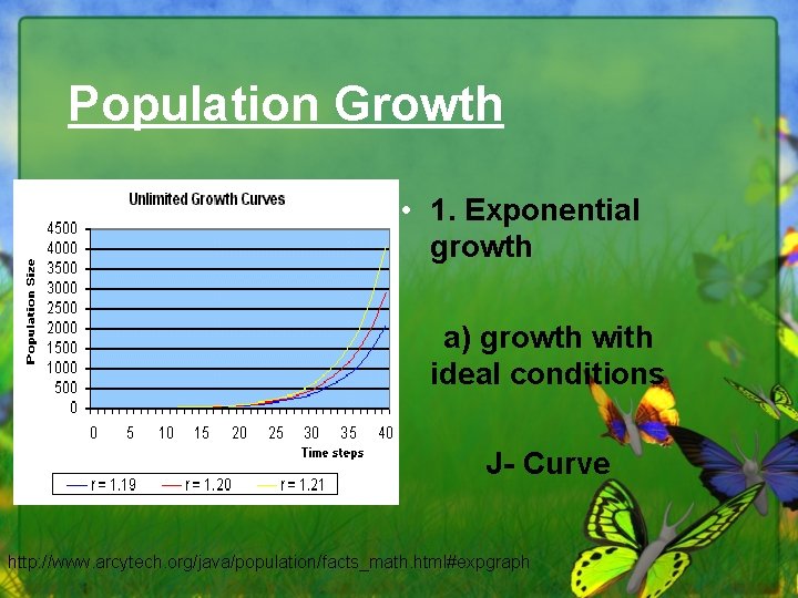 Population Growth • 1. Exponential growth a) growth with ideal conditions J- Curve http: