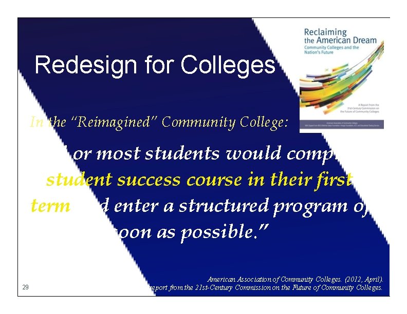 Redesign for Colleges In the “Reimagined” Community College: “All or most students would complete