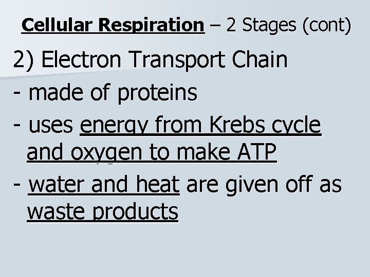 Cellular Respiration – 2 Stages (cont) 2) Electron Transport Chain - made of proteins