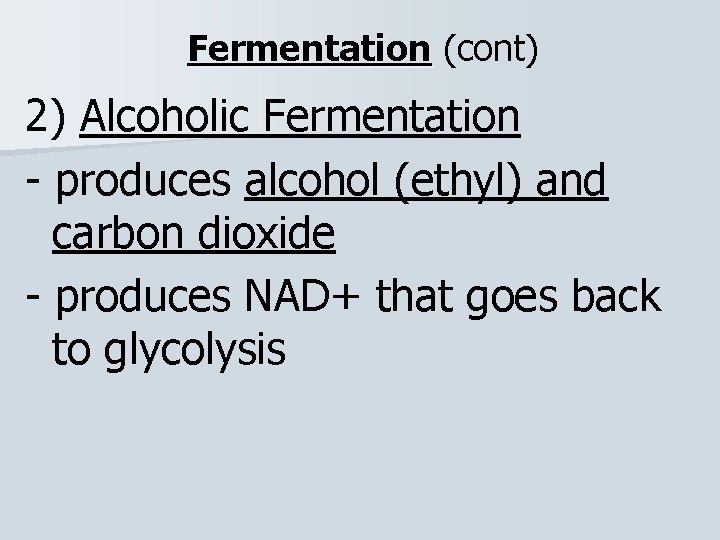 Fermentation (cont) 2) Alcoholic Fermentation - produces alcohol (ethyl) and carbon dioxide - produces