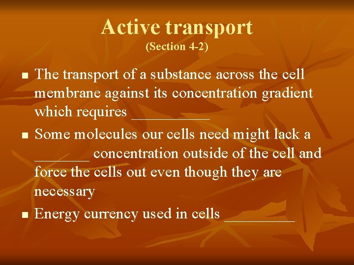 Active transport (Section 4 -2) n n n The transport of a substance across