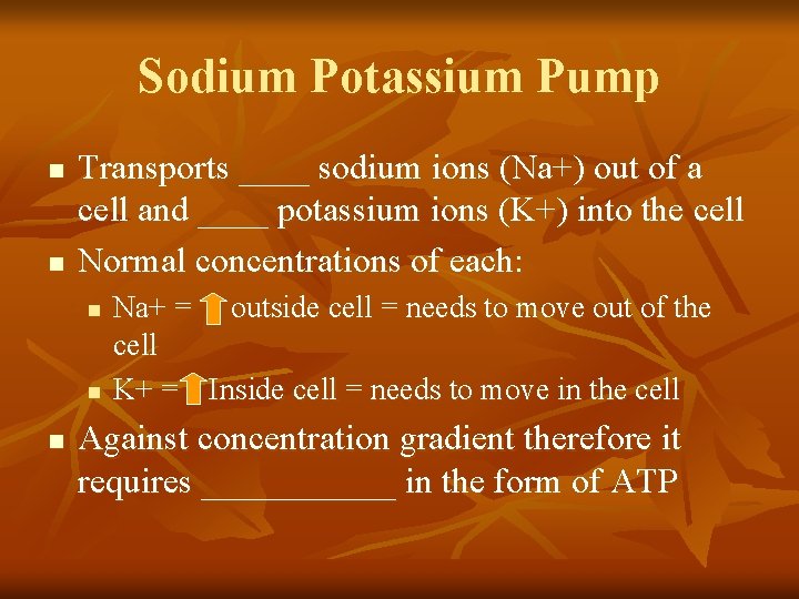 Sodium Potassium Pump n n Transports ____ sodium ions (Na+) out of a cell
