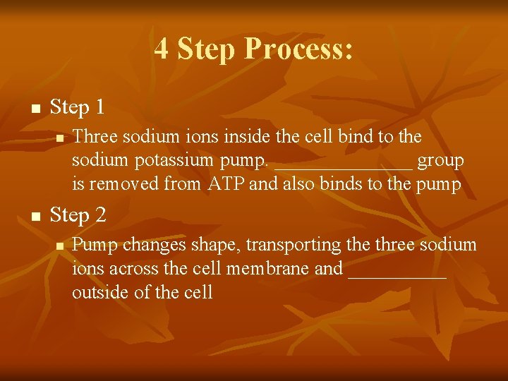 4 Step Process: n Step 1 n n Three sodium ions inside the cell