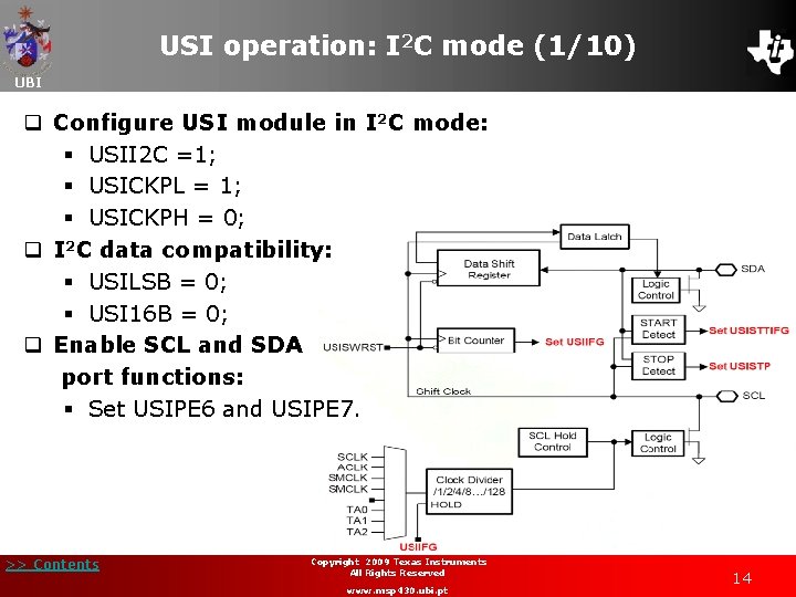 USI operation: I 2 C mode (1/10) UBI q Configure USI module in I