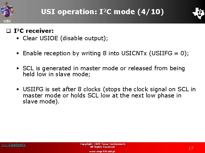 USI operation: I 2 C mode (4/10) UBI q I 2 C receiver: §