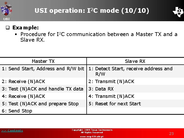 USI operation: I 2 C mode (10/10) UBI q Example: § Procedure for I