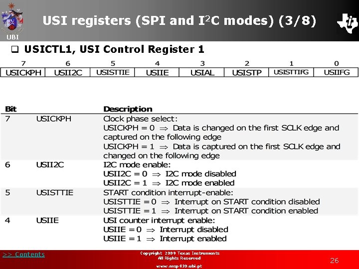 USI registers (SPI and I 2 C modes) (3/8) UBI q USICTL 1, USI