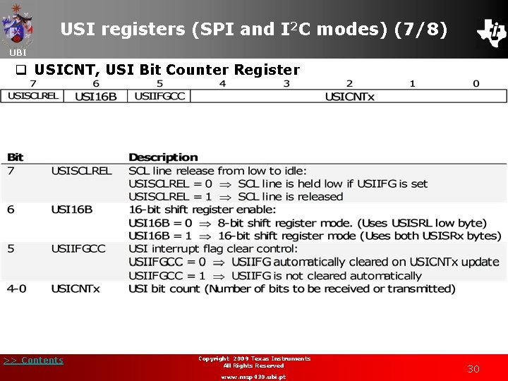 USI registers (SPI and I 2 C modes) (7/8) UBI q USICNT, USI Bit