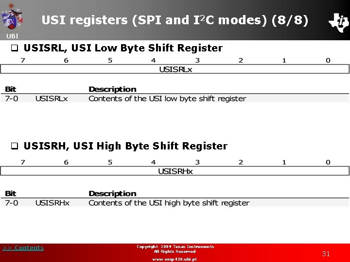 USI registers (SPI and I 2 C modes) (8/8) UBI q USISRL, USI Low