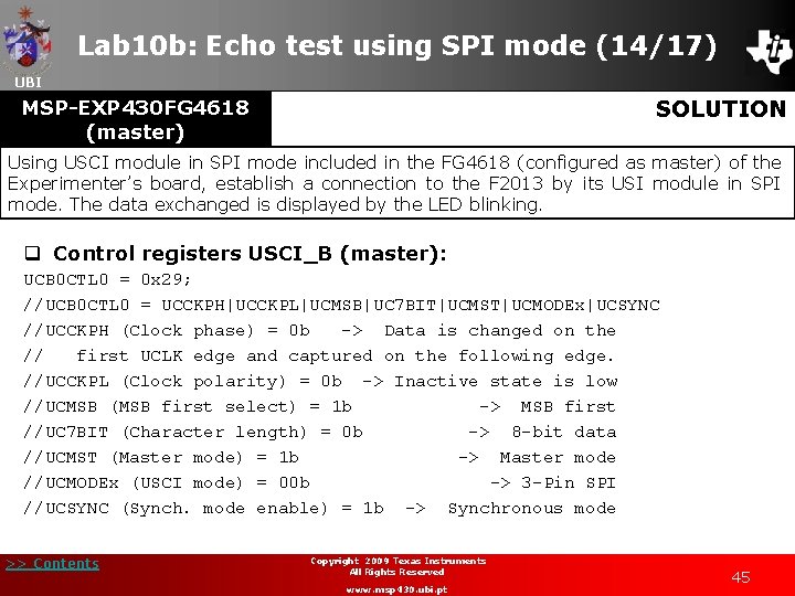 Lab 10 b: Echo test using SPI mode (14/17) UBI SOLUTION MSP-EXP 430 FG