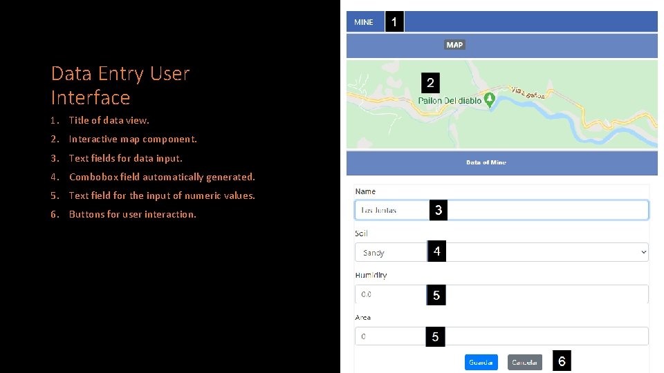 Data Entry User Interface 1. Title of data view. 2. Interactive map component. 3.